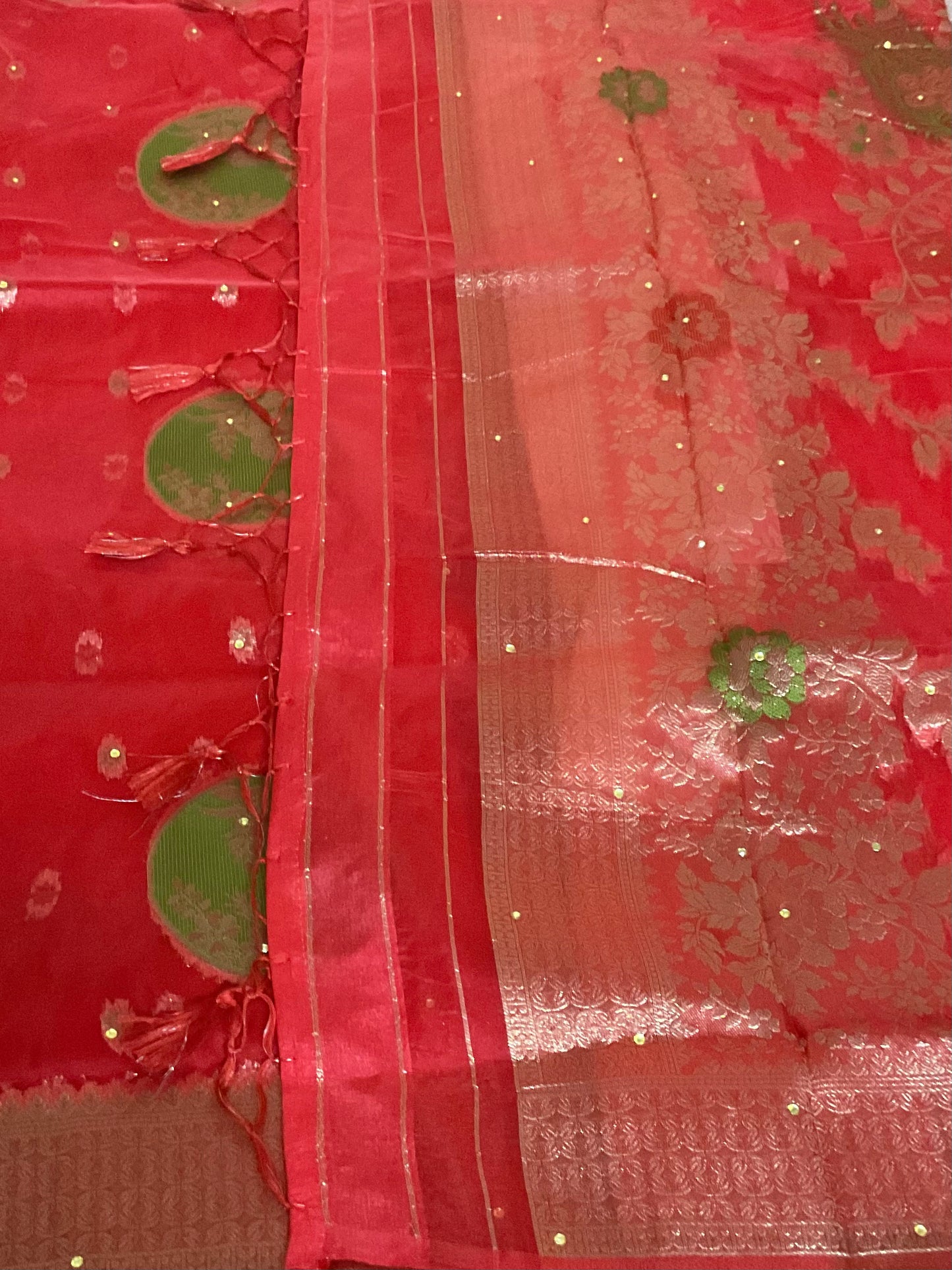 Red Floral Organza Saree with Blouse Piece