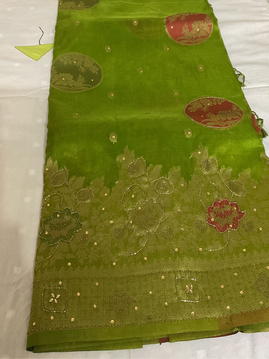 Green Embroidered Fancy Saree with Blouse Piece