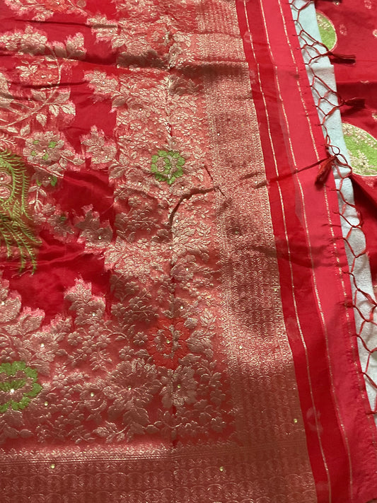 Red Floral Organza Saree with Blouse Piece