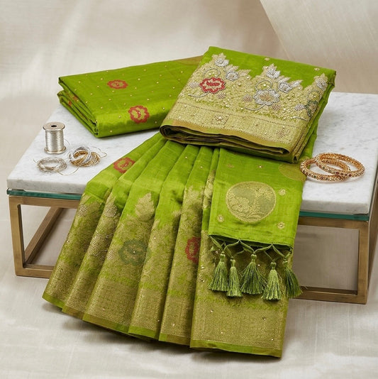 Green Embroidered Fancy Saree with Blouse Piece