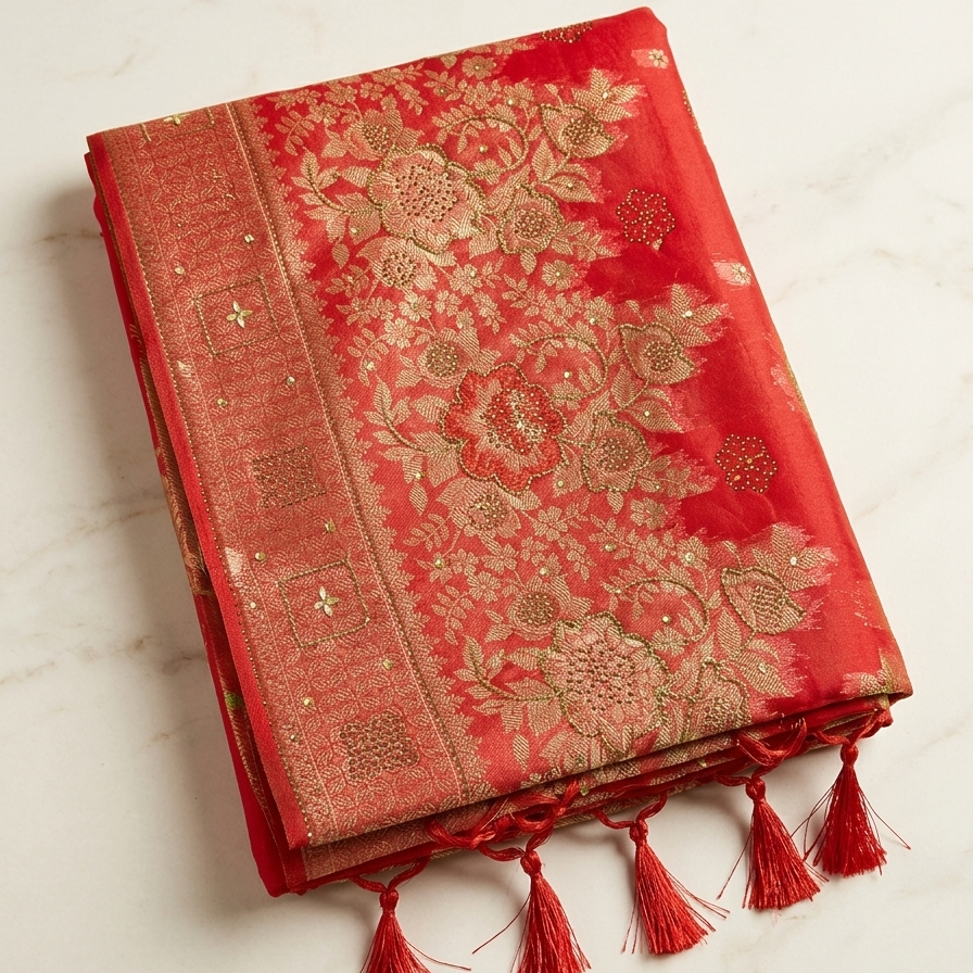 Red Floral Organza Saree with Blouse Piece