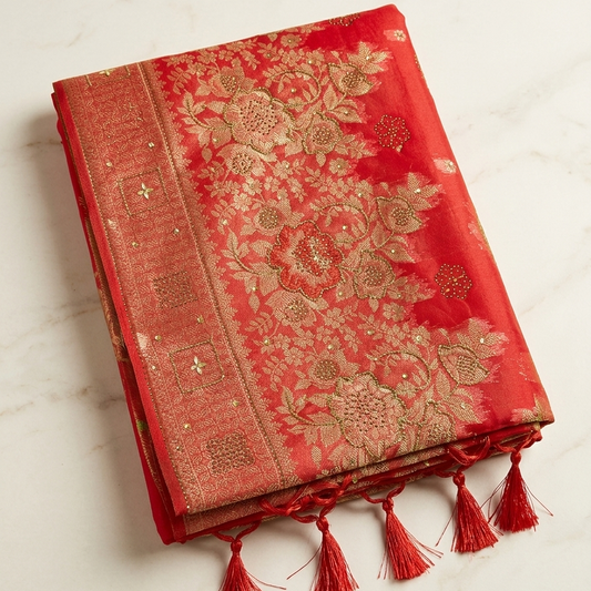 Red Floral Organza Saree with Blouse Piece